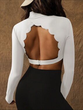 SHEIN White Long Sleeve Scallop Back Crop Top